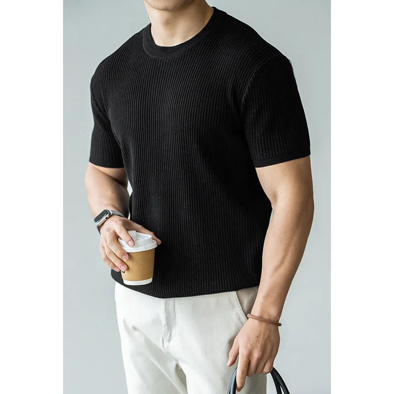 

NoYo Jing Luxury American Retro round Neck Color Knitted Short Sleeve T-Shirt Men's Casual Breathable Knitted Shirt