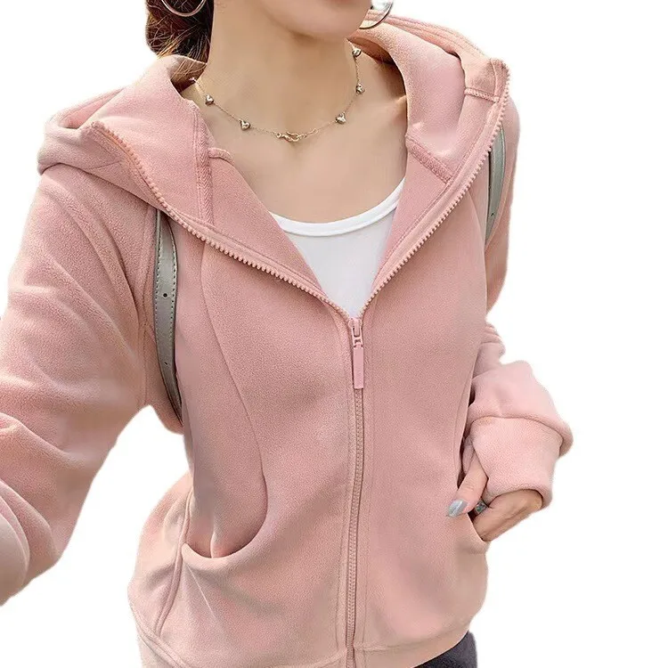 秋冬新無地肥厚フリース長袖女性痩身ジッパーフード付きスウェットシャツジャケットFY