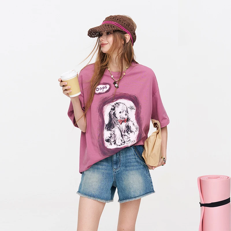 ELFSACK Hand-Drawn Pet Print T-Shirt, Lightweight Knit Crewneck Tee, Vintage Casual Loose Top for Women