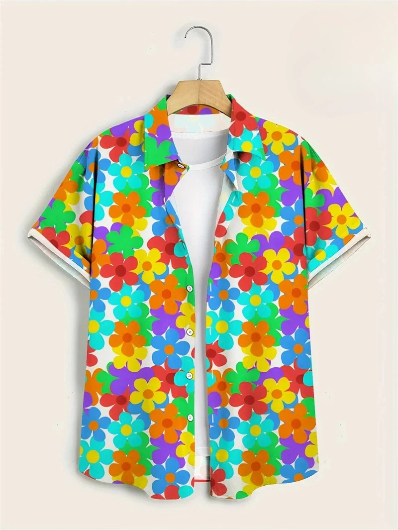 Men Tropical Hibiscus Palm Leaf Print Turn Down Collar Short Sleeve Shirt Purple Background Holiday Party Top