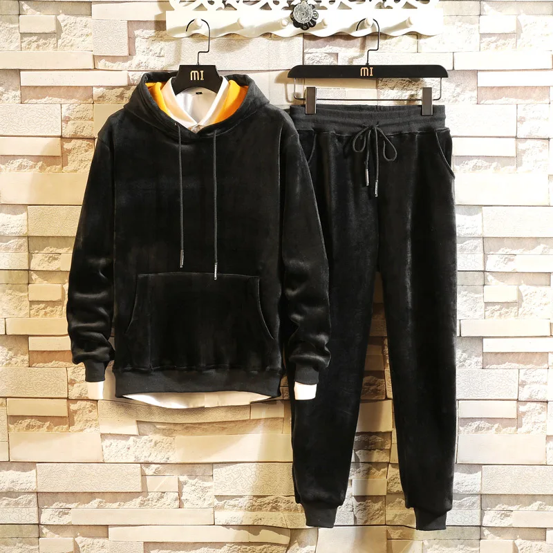 Men\'s Winter Warm Suit New Leisure Gold Velvet Hoodies with Pants Two Piece Double-Dided Velvet Tracksuit