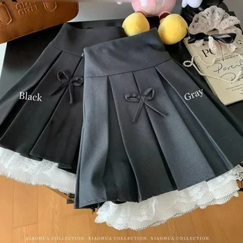 Jk Bow Pleated Mini Skirt Women Lace Patchwork Grey Sweet Skirt High Waist Pretty Style A Line Skinny Sexy Chic Harajuku Skirt