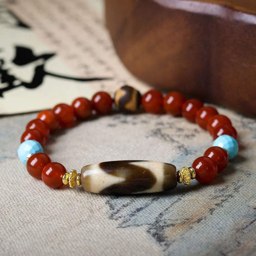 

Southern red agate single-ring bracelet Wenchuan tiger teeth dzi beads new Chinese string jewellery rosary beads Buddha beads