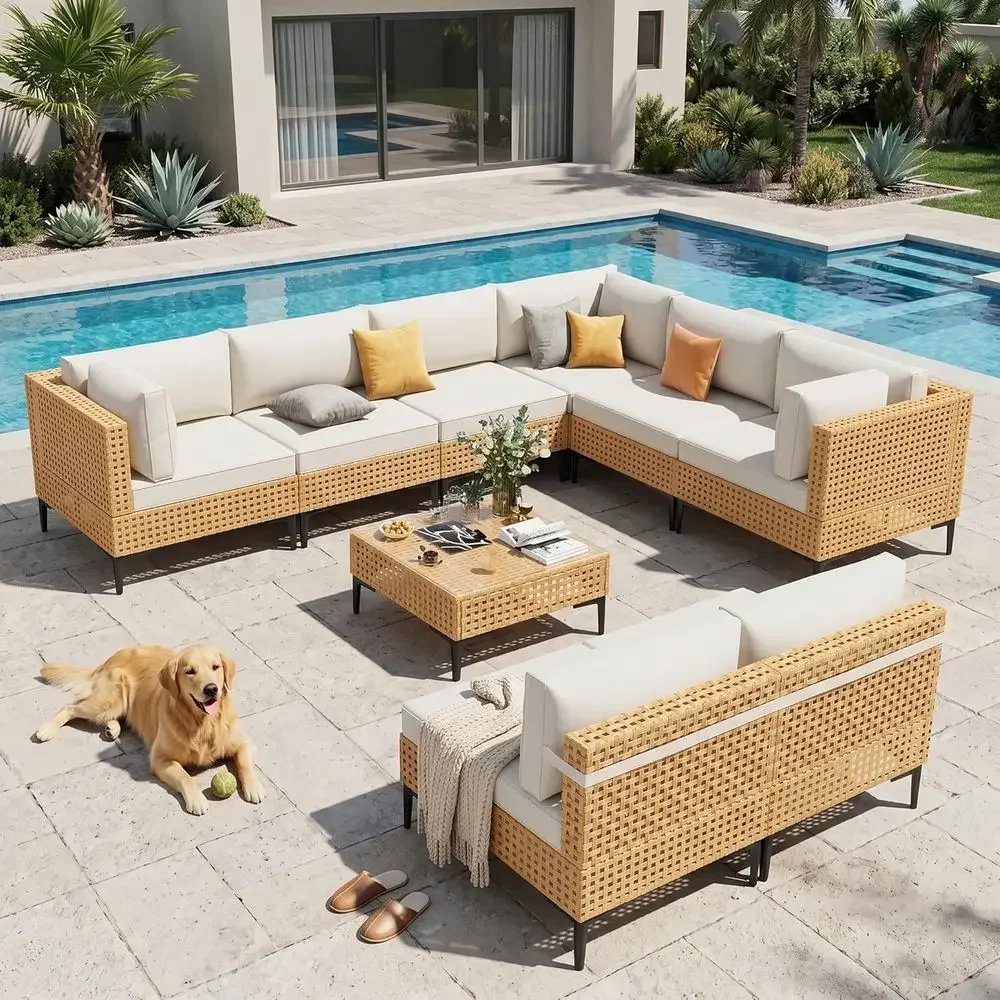 

9-Piece Large Outdoor Sectional Patio Furniture Set with Thick Cushions and All-Weather Wicker for Decks and Porches