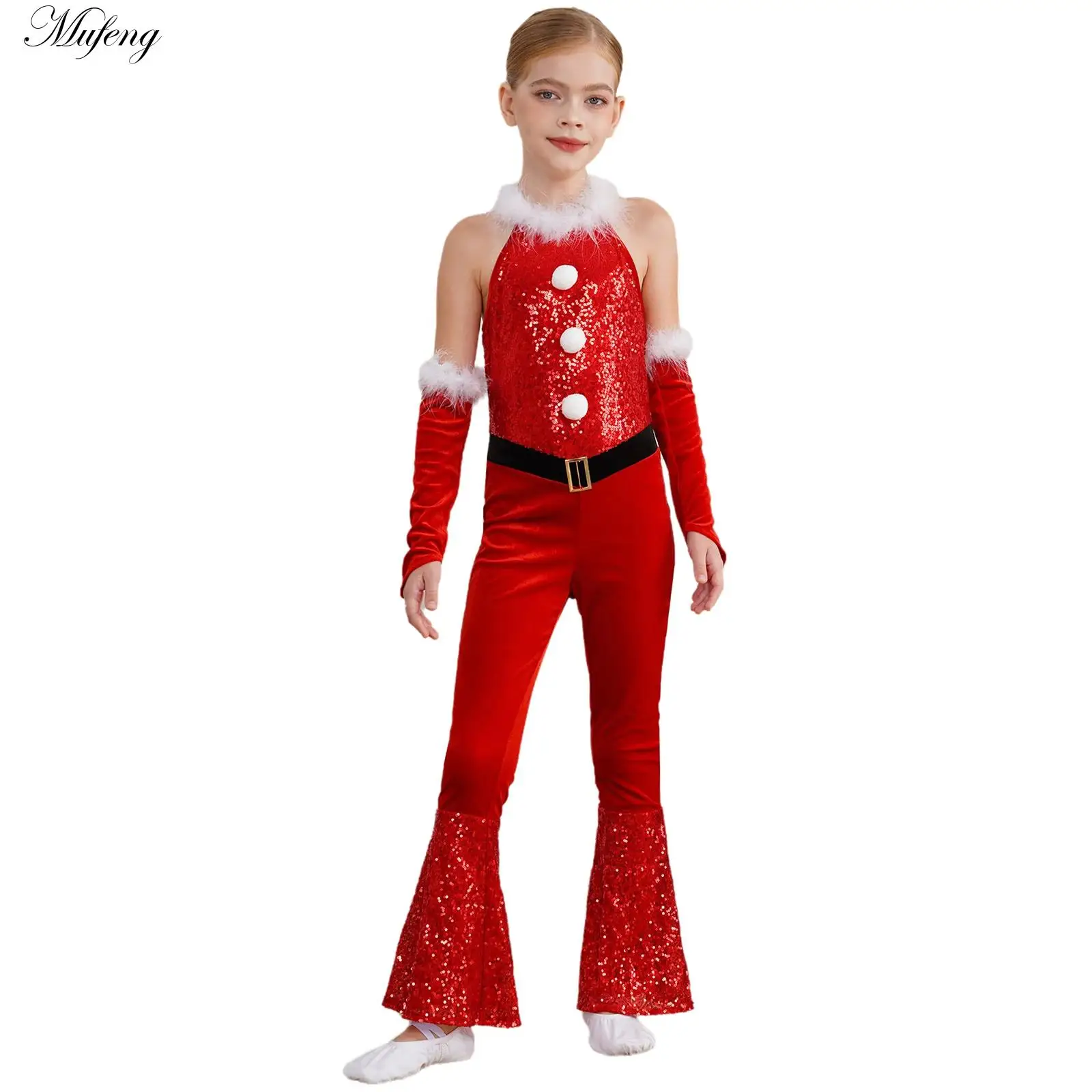 Girls Christmas Jumpsuit Sleeveless Velvet Bodysuit High Waist Plush Sequins Flared Jumpsuit Arm Sleeve Set for Dancing Costumes