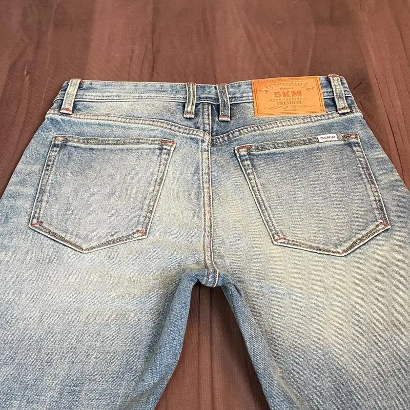 Spring Summer 13oz Light Blue Selvedge Denim Jeans for Men American Retro 99% Cotton Washed Stretch Tapered Straight Pants 5KM