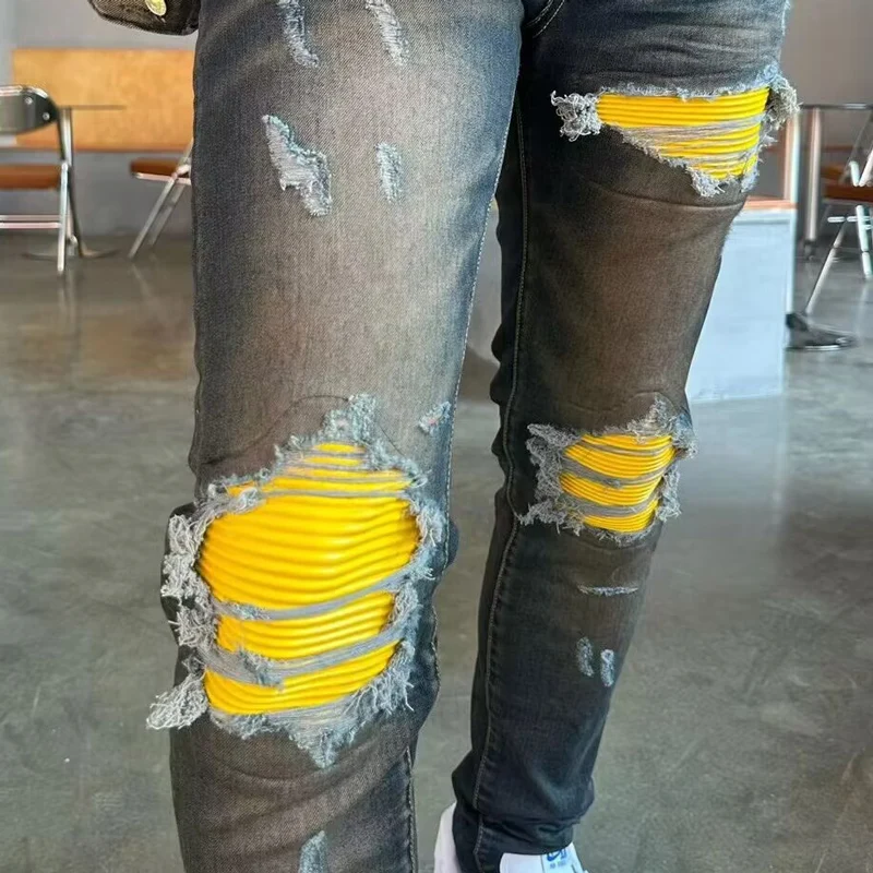 

American street fashion men's dark blue jeans retro elastic slim fit perforated patch trendy brand tapered pants men's Y2K