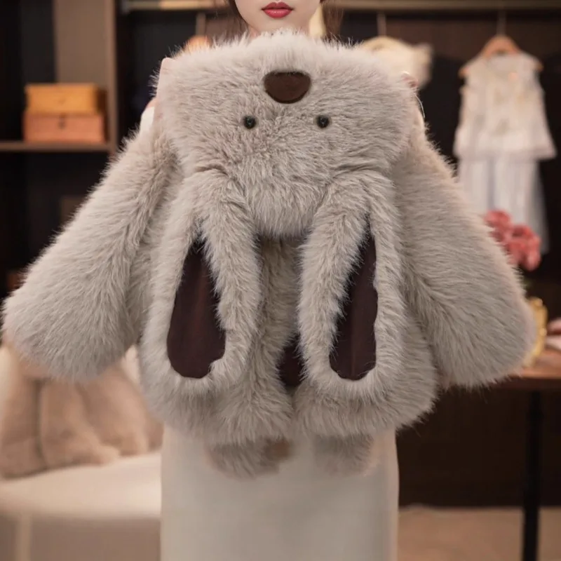 

Plush Gray Rabbit Coat Long Ears Hooded Costume Cute Warm Animals Top Role Play Outfit for Girls Boys Winter Clothes