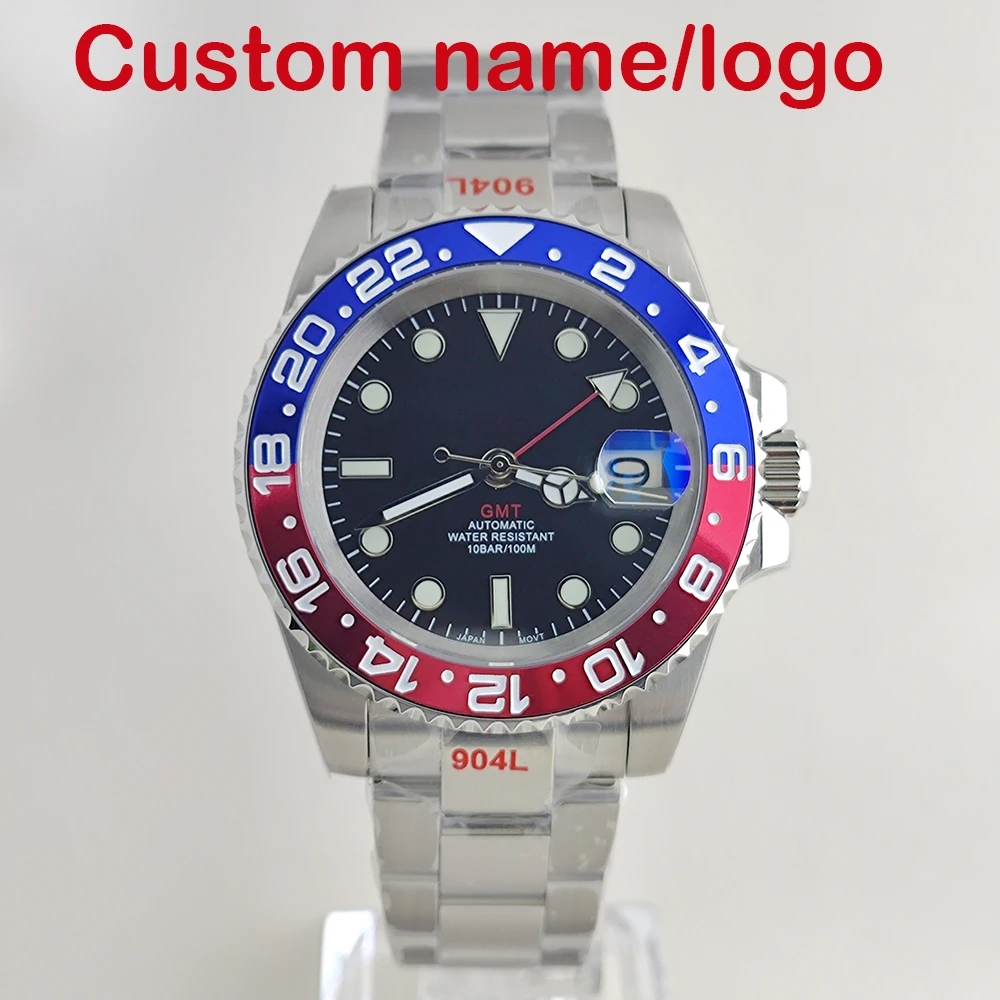 

40mm NH34A Men's Automatic Watch GMT Function Luminous Black Dial Sapphire Crystal Auto Date Bracelet Rotating Bezel