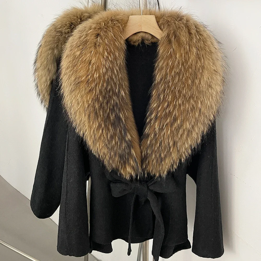 OFTBUY Neue Winterkleidung für Damen, Luxuriöser Kurzer 100% Wollmantel mit Natürlichem Pelzkragen, Warmem Gürtel und Echtem Fuchspelz, Wolljacke für Damen – Detail 17