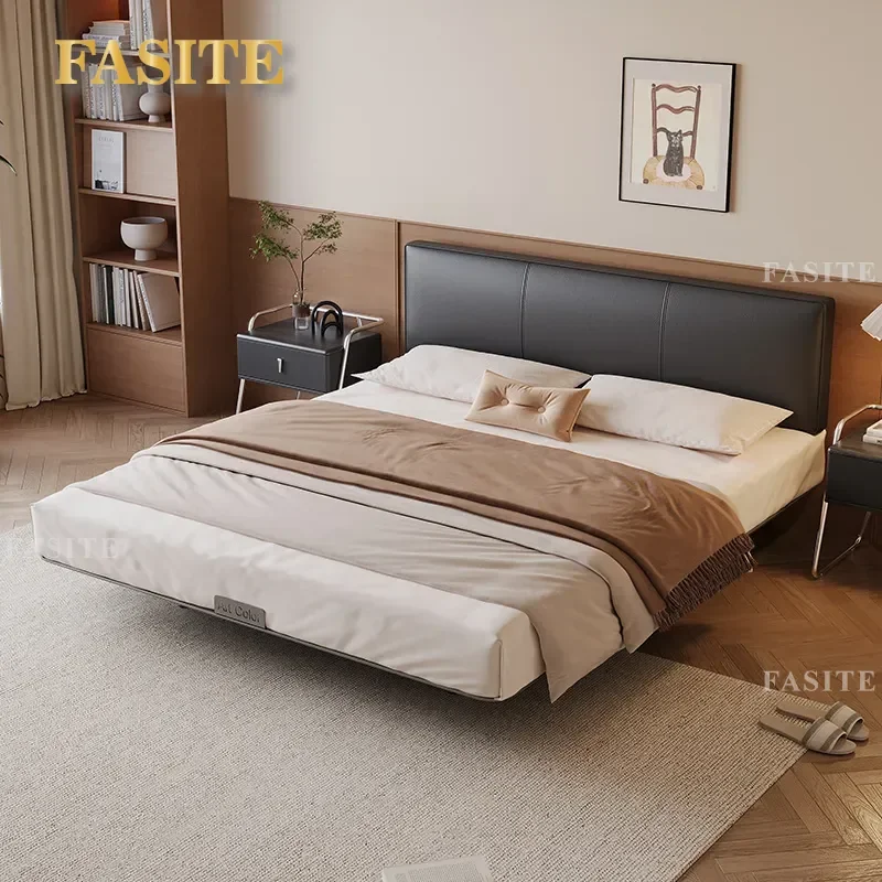 For Italian Minimalist Carbon Steel Suspension Bed Black Leather Designer Frame Eco Friendly Master Bedroom Furniture