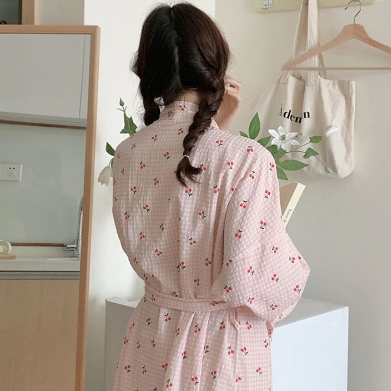 Plaid Robes Women Cherry Home Wear Daily Simple Sweet Temperament Loose Ins Fashion Spring Ulzzang Bandage Korean Style Comfort