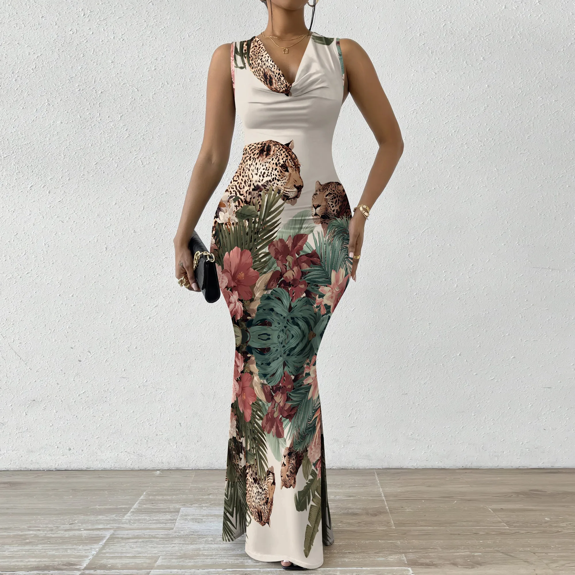 

Leopard Print V-Neck Women's Maxi Dress - Tropical Floral Pattern, Perfect for Summer Vacation & Party, XS-2XL
