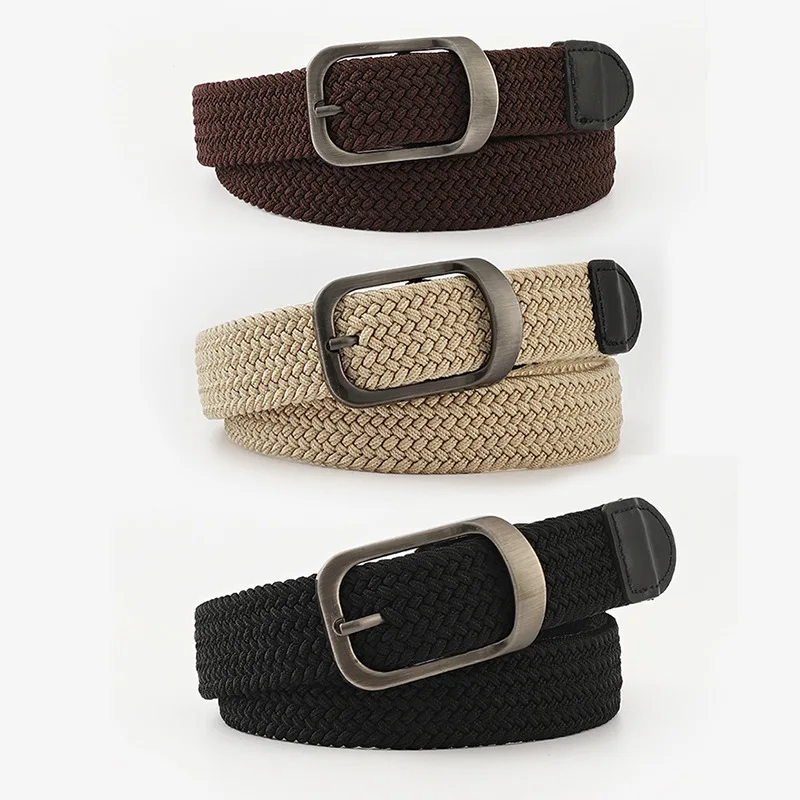 Unisex Eyeless Needle Metal Alloy Rectangle Buckle Woven Women\'s Belts Elastic Canvas Waistband Casual Pants Jeans Belt for Men