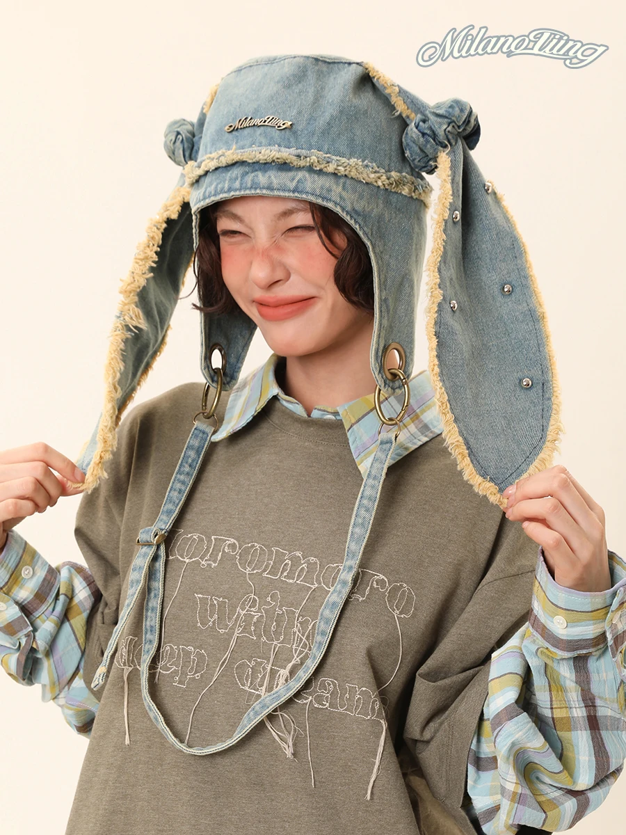 Vintage design long bunny rabbit denim heavy made Beanies hat fashion novelty cute sweet men women denim blue hat Skullies