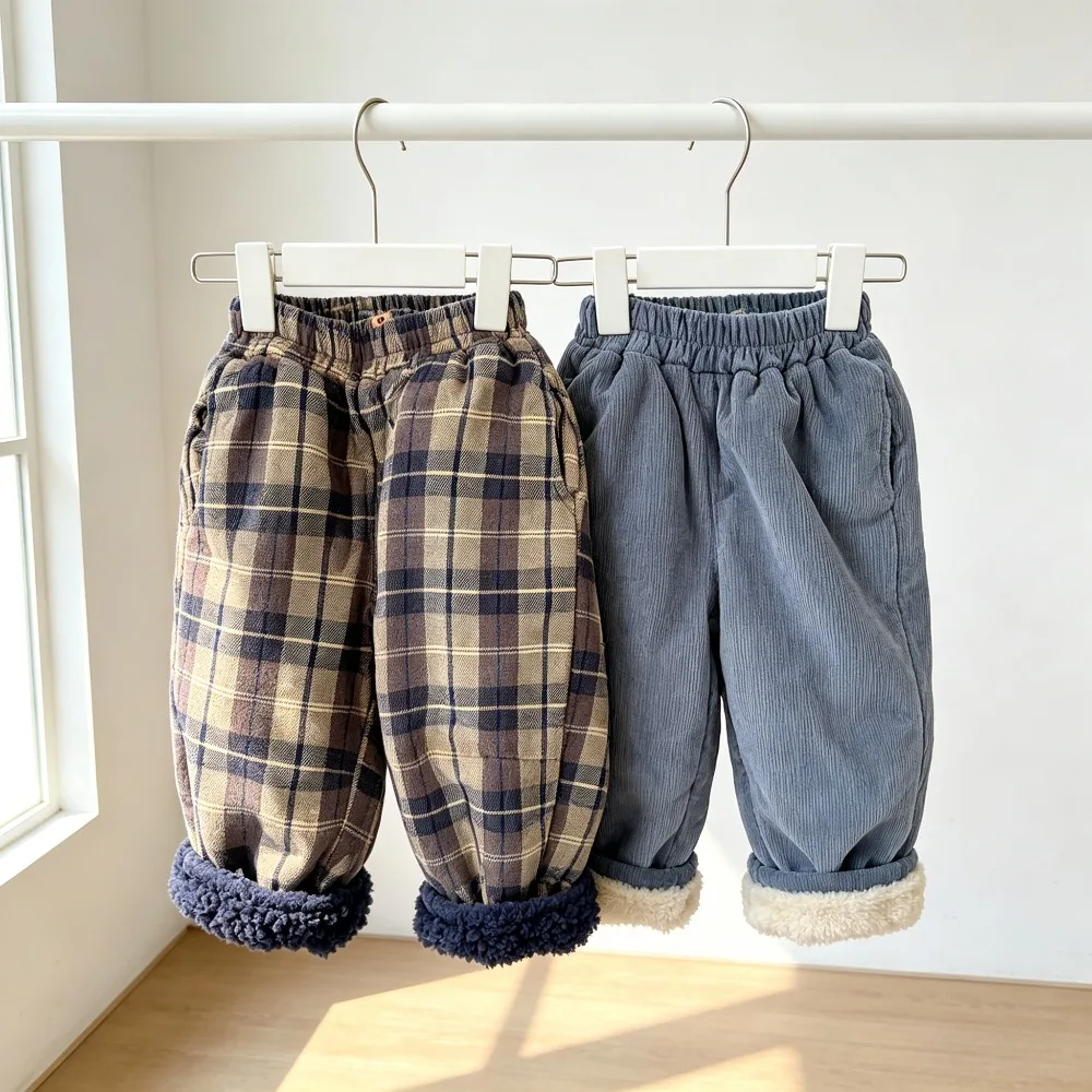 2026 New Kids Winter Fleece Lined Harem Pants Plaid and Solid Color Warm Trousers Boys Girls Thick Long Bottoms for Cold Weather