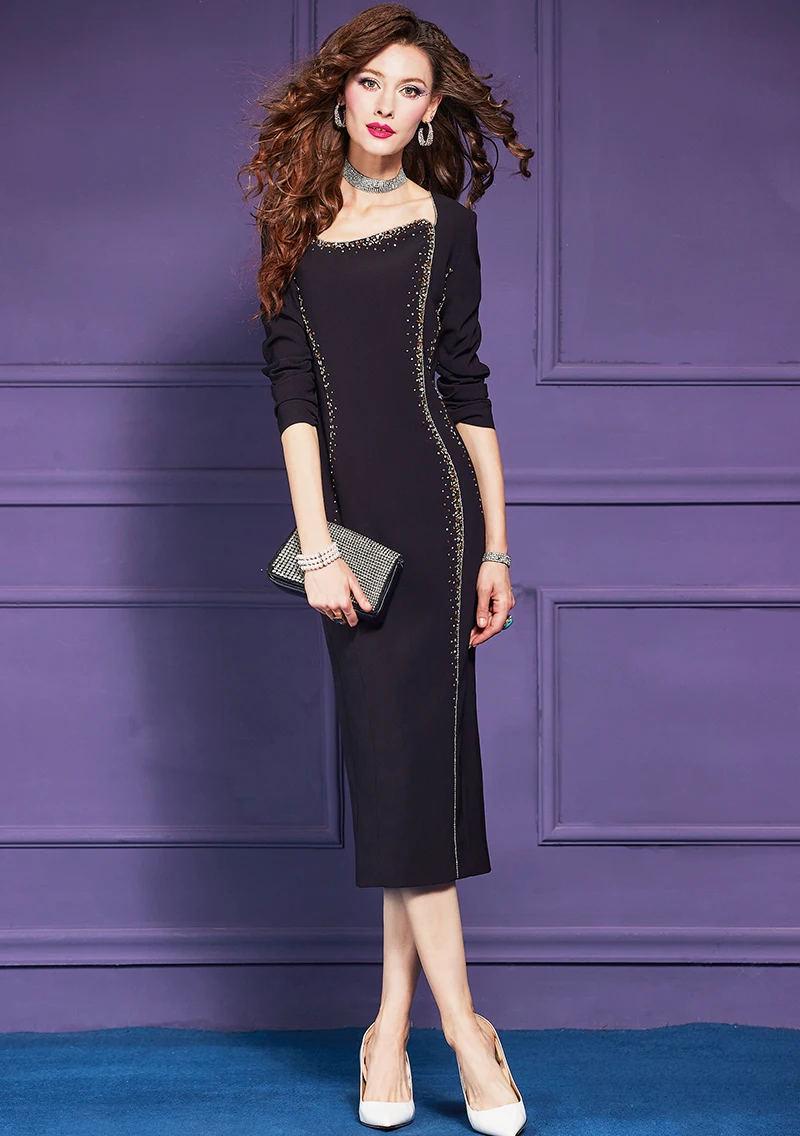 Zjyt elegante luxo beading vestidos para as mulheres outono 2025 moda gola quadrada midi formal festa eveing vestido plus size roupas