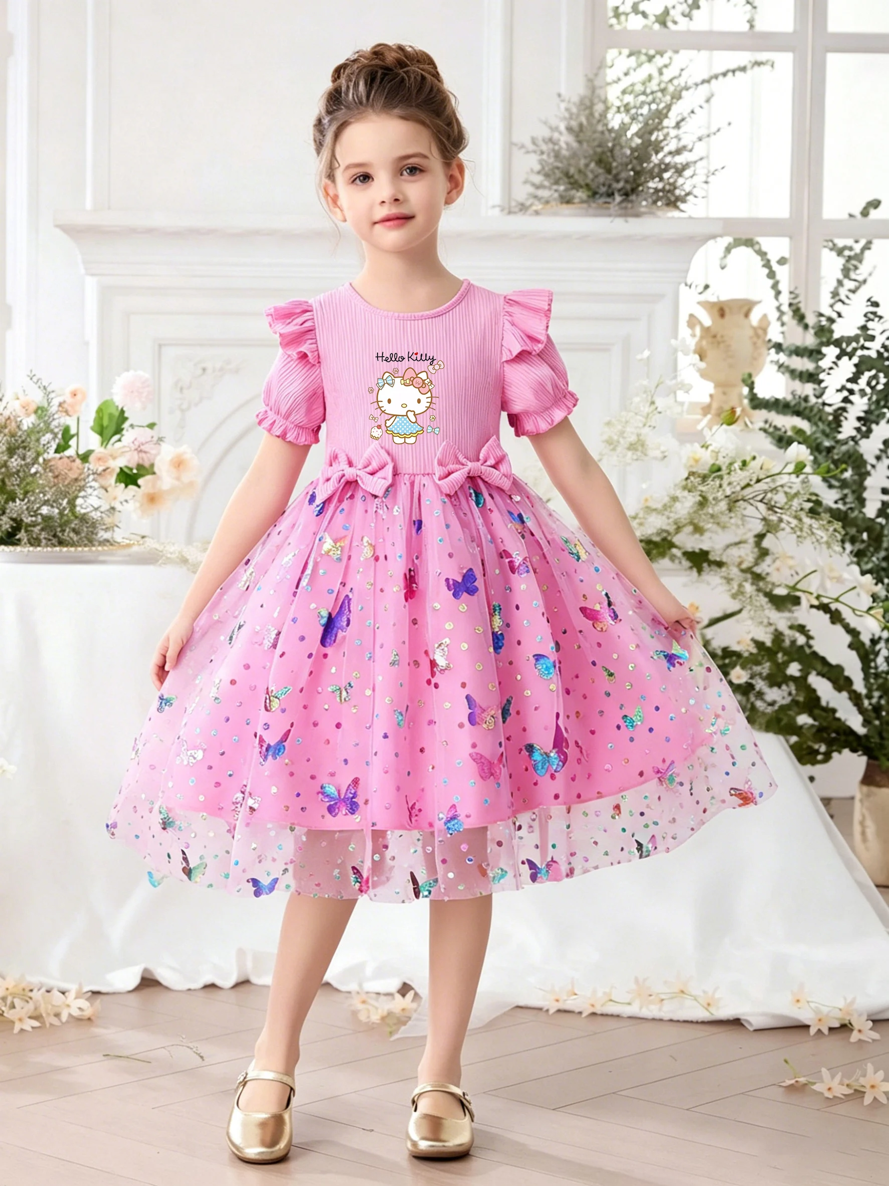 Genuine Sanrio Hello Kitty Princess Dress for Girls, Pink Butterfly Sequin Tulle Puffy Kids Dress