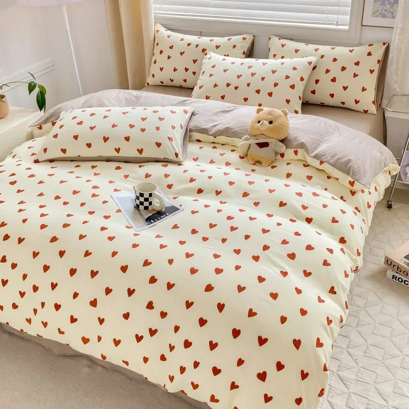 Korean Style Bedding Set Red Heart Twin Queen Size Duvet Cover Flat Sheet Pillowcase Bed Linen Kids Adult Fashion Home Textile