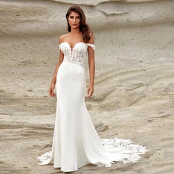 Customized Sweetheart Neck Wedding Dresses Off Shoulder Bridal Gowns Appliques Back Button Sweep Train Mermaid Robe De Mariee