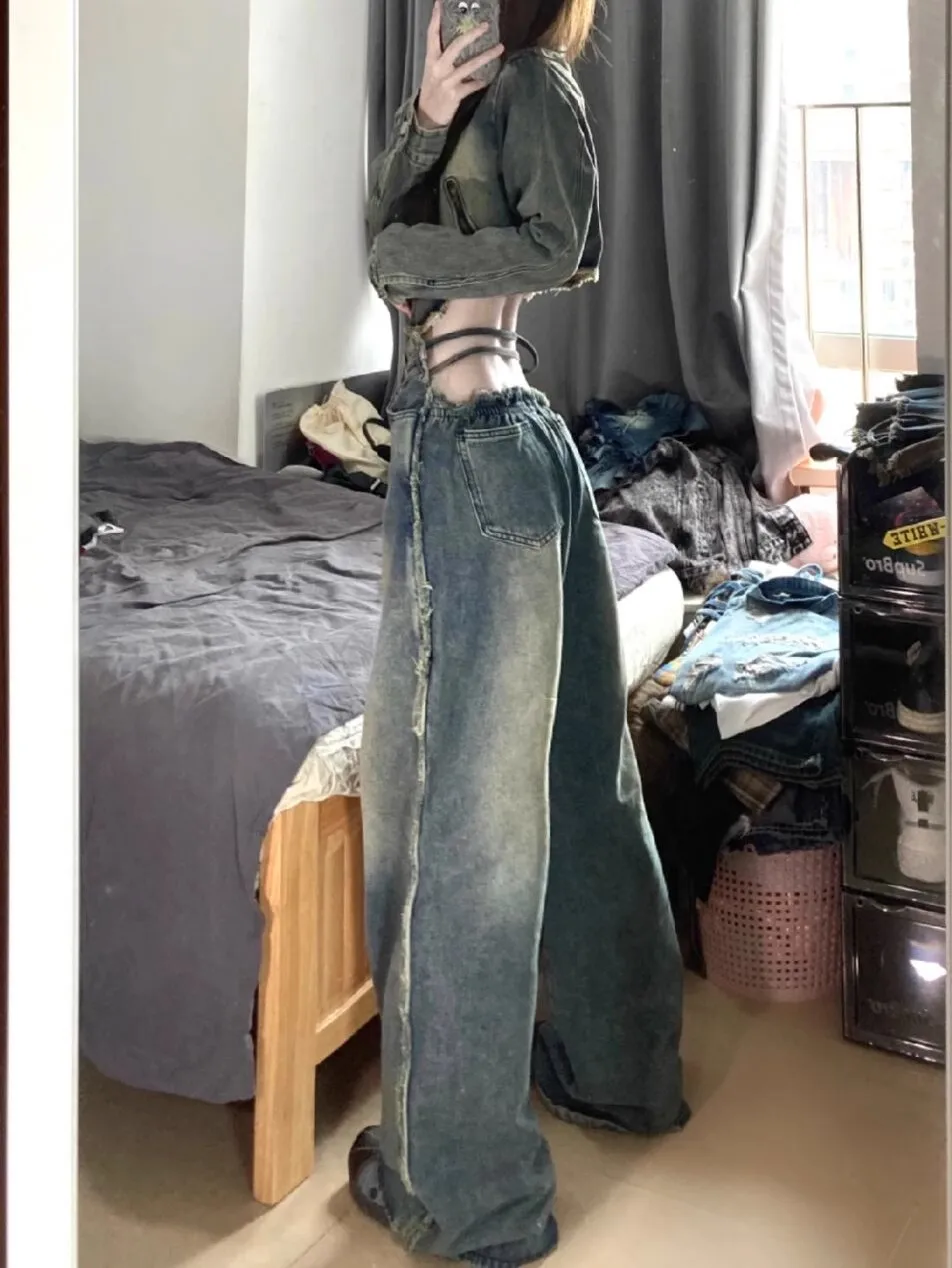 

2024 New Y2k Millennial Women American High Street Retro Design With Popular Loose Straight Leg Wide Leg Jeans Leisure Fashion