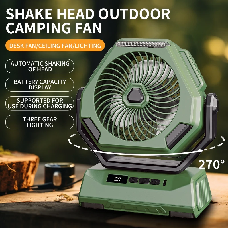 Rechargeable Fan Camping Fan With LED Lantern, 6000mAh Battery Portable Operated Fan With Hook, 4 Speeds 3 Light Modes USB Fan