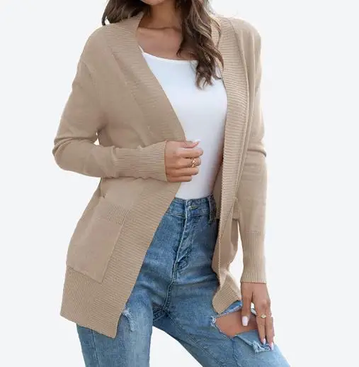 Jaket Rajutan Warna Solid Baru Musim Gugur dan Musim Dingin dengan Jaket Sweter Rajutan Terbuka Saku, Jaket Rajutan Longgar Kasual Wanita