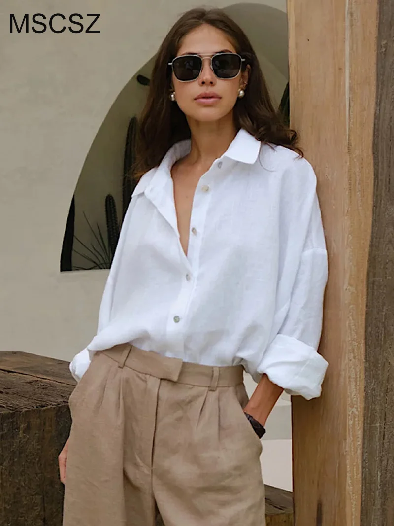 

MSCSZ White Long Sleeve Shirt Woman Fashion Plain Oversized Casual Shirts Spring Autumn 100% Cotton Shirt