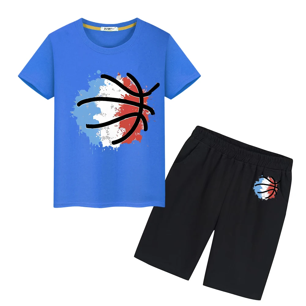 Basketball Print 100%Cotton T-shirt  Sports Sets Kawaii Tshirts Tops+shorts Summer Cute Tees kid holiday gift boys girls clothes