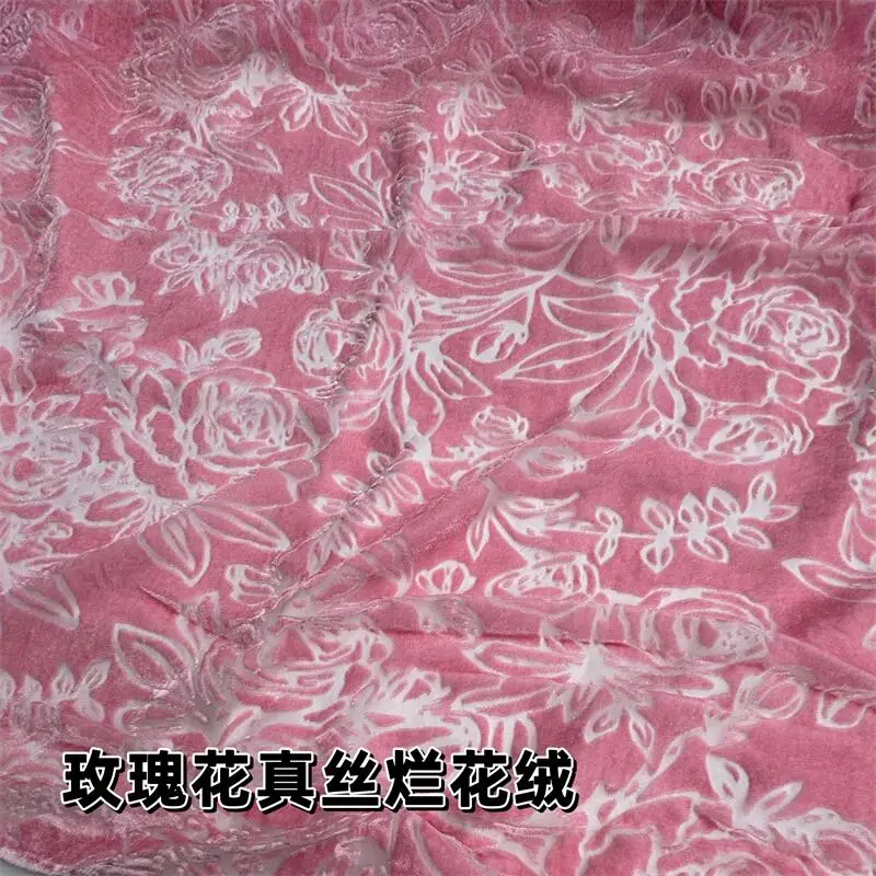 Pink Black Silk Etched-out Velvet Fabric Silk Velvet Rose Flower Micro Transparent Skirt Cheongsam Formal Dress Fabric