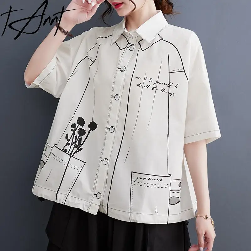 

Tannt Women Shirt Blouse Printing Color Matching Black White Blouse Tops 2025 New Fashion Summer Women Shirt Tops