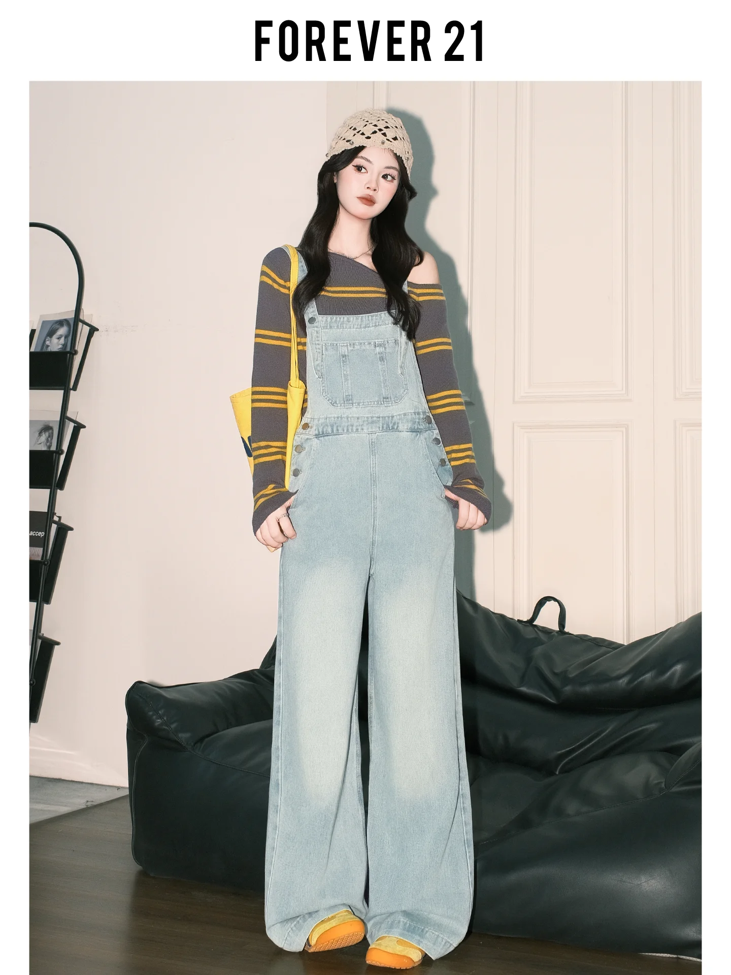 Forever 2 American Sle salopette en jean à jambes larges pour femme Anti-âge polyvalent ample coupe droite jean bleu