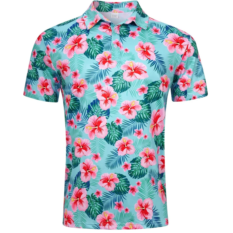 Men Women Hawaiian Flower Plants 3D Print Polo Shirts, Harajuku Short Sleeve Button Lapel Casual Tee Shirts