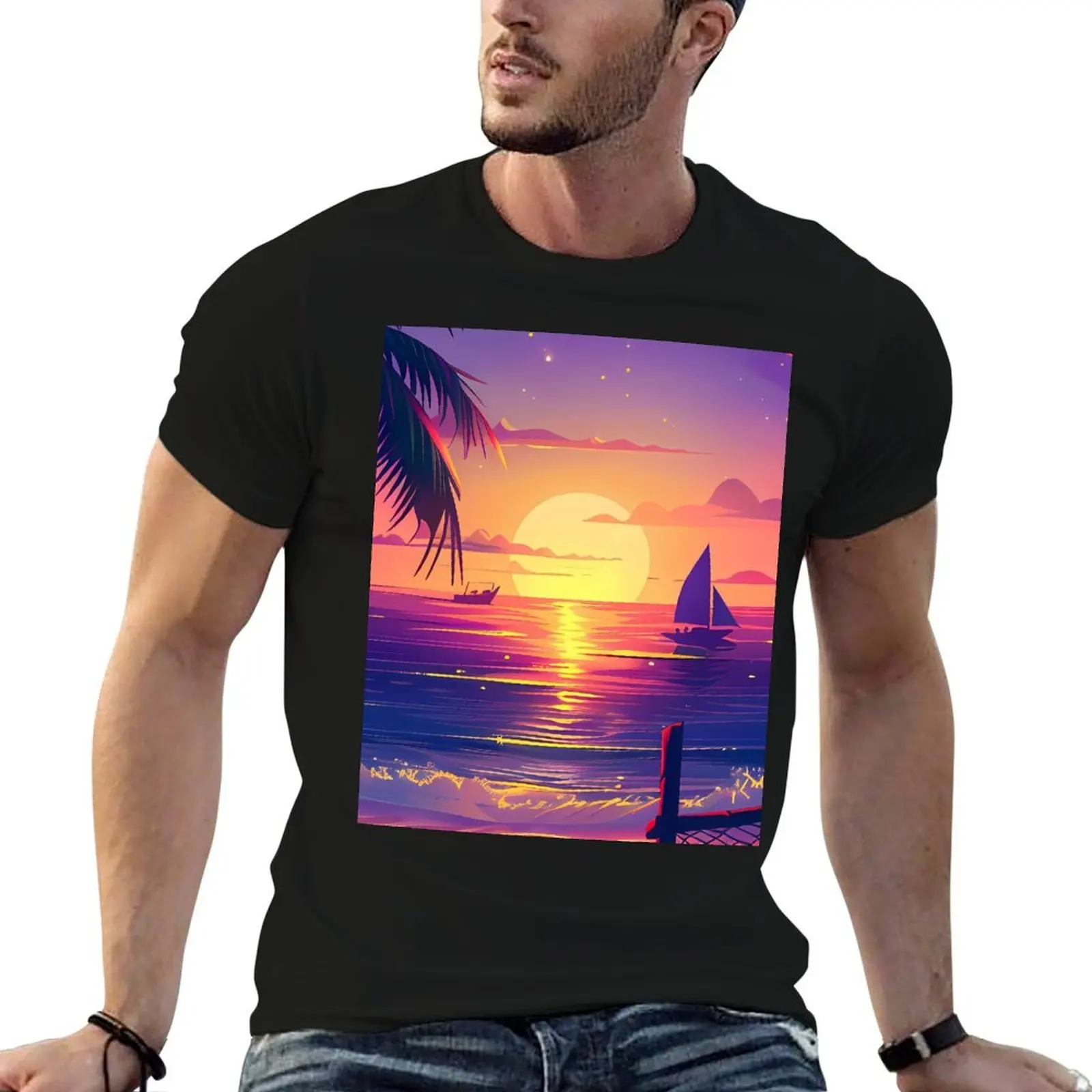 Serene Sunset with Palm Tree – BoBo Beach Illustration T-Shirt rapper graphic tees vintage t shirt men