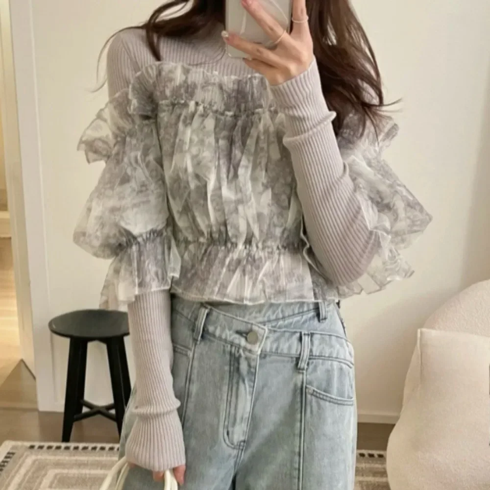 Pullover in maglia patchwork pieghettato con stampa Maglioni aderenti eleganti slim a maniche lunghe con collo mezzo alto Maglioni temperamento dolce 2025
