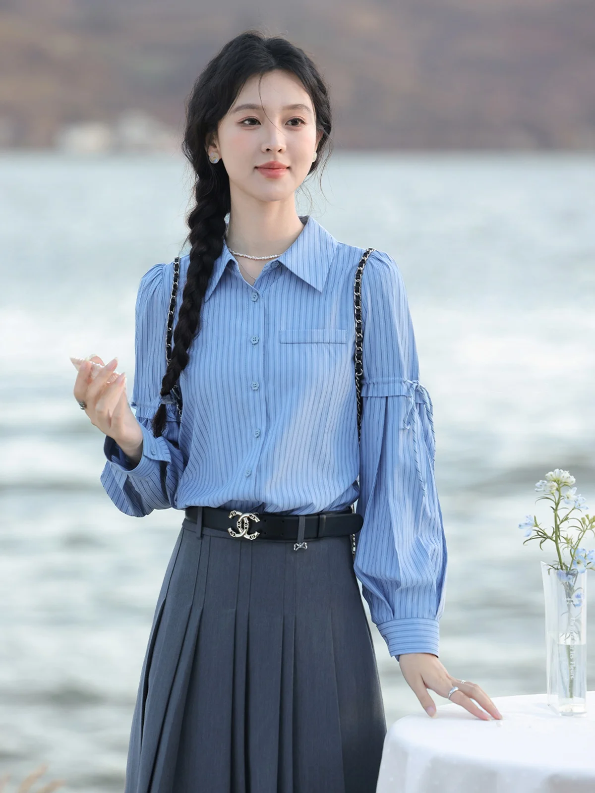 

Женская приталенная блузка с длинным рукавом в полоску цвета черничного багеля, корейский стиль, для повседневной носки, модная новинка осени 2025 года