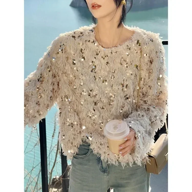 Korean Chic Sequin Tassel Sweaters Mujer 2024 Autumn New O-neck Plush Knitted Pullover Y2k E-Girl Long Sleeve Tops Women