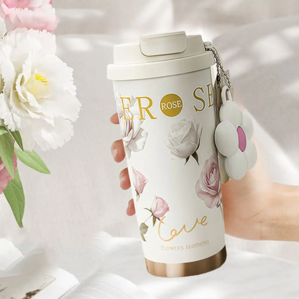 

500ML Thermo Coffee Mug LeakProof Stainless Steel Insulated Cup Flower Print Ceramic Coating Travel Thermo Cup Travel