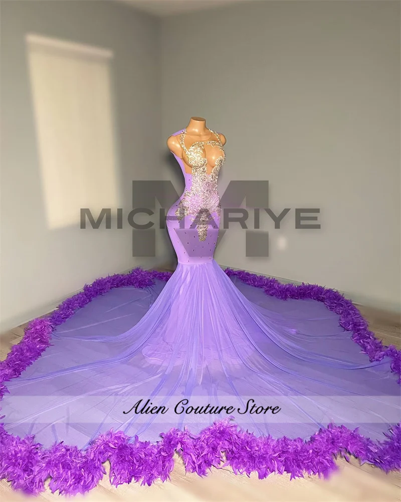 Lawendowo-fioletowa sukienka na studniówkę dla czarnych dziewczynek z piórami i kryształkami Suknia urodzinowa na zamówienie