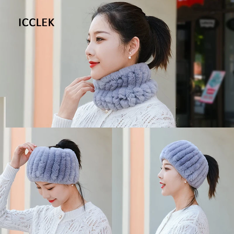 Women Real Fur Scarf Knit Genuine Rabbit Fur Headbands Winter Warm Neck Warmer Elastic Soft Fur Ring Cowl Snood Scarves