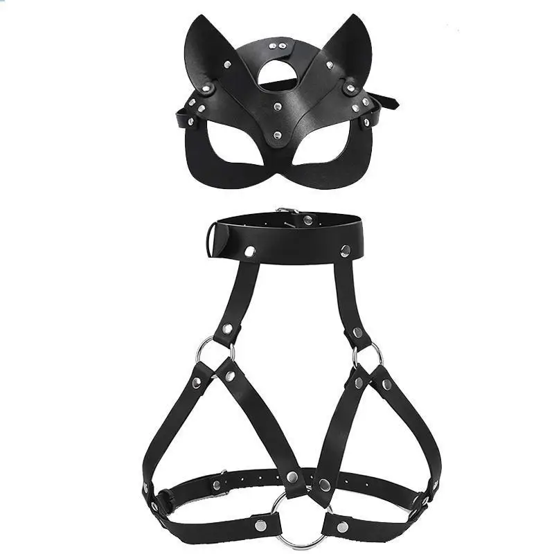 Women Bondage Body Harness Lingerie Leather Cage Bra Lingerie Belt With Mask Cl…