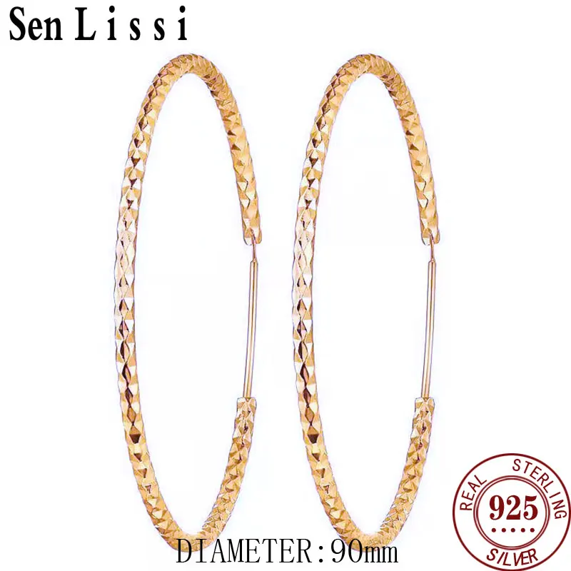 

Senlissi - New Platinum Plated 925 Sterling Silver Women's Hoop Earrings 2.0mm Fashion Earring Rose Gold Cерьги Kольца 30-90mm