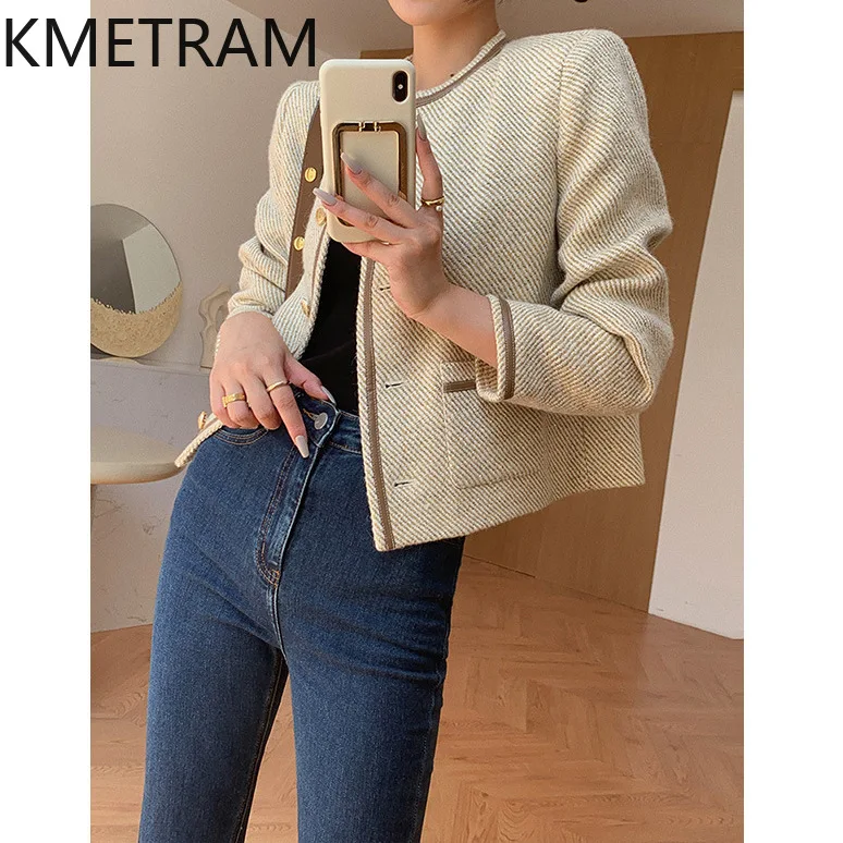 

KMETRAM Natural Wool Tweed Jackets High Quality New in Outerwear 2024 All Match Coat Fall Clothes Women Chaquetas Para Mujer