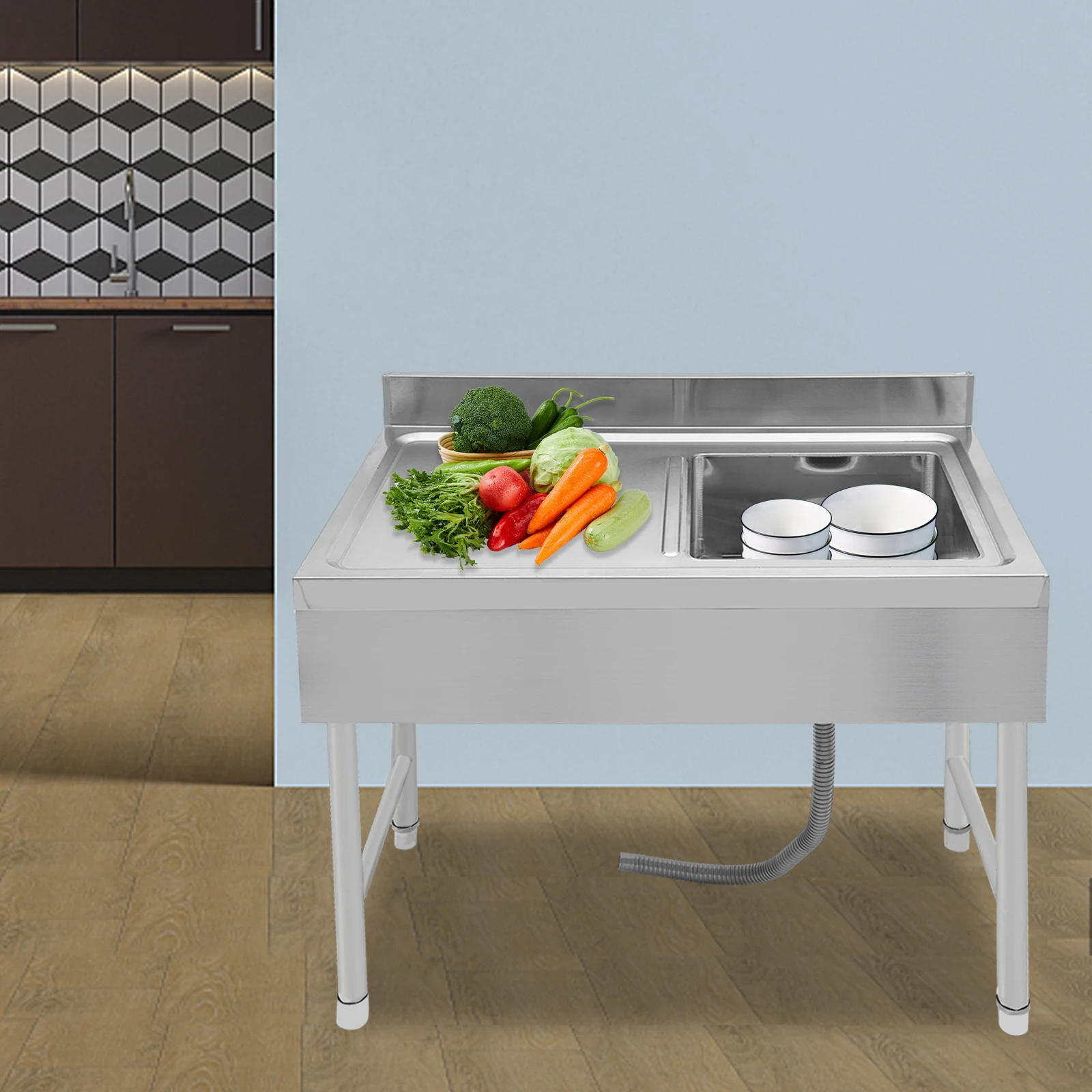 Freestanding Stainless Steel Rectangular Kitchen Sink Silver 100x50x80cm for Commercial Restaurant