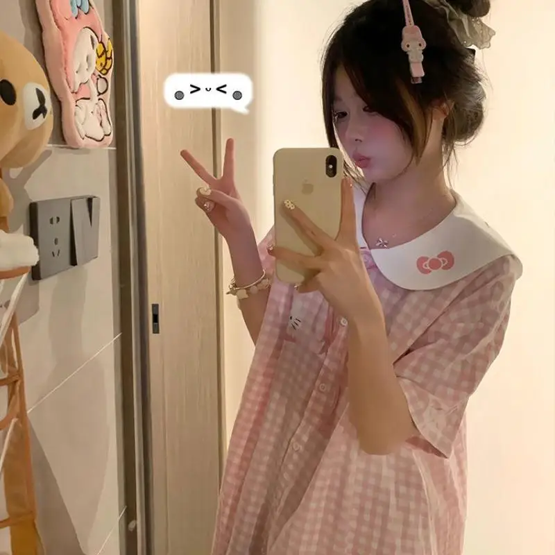 

Sanrio Kawaii Women's Night Skirt Hello Kitty Night Dress Girls Sweet Summer Short Sleeve Print Cartoon Home Clothes Cool Dress