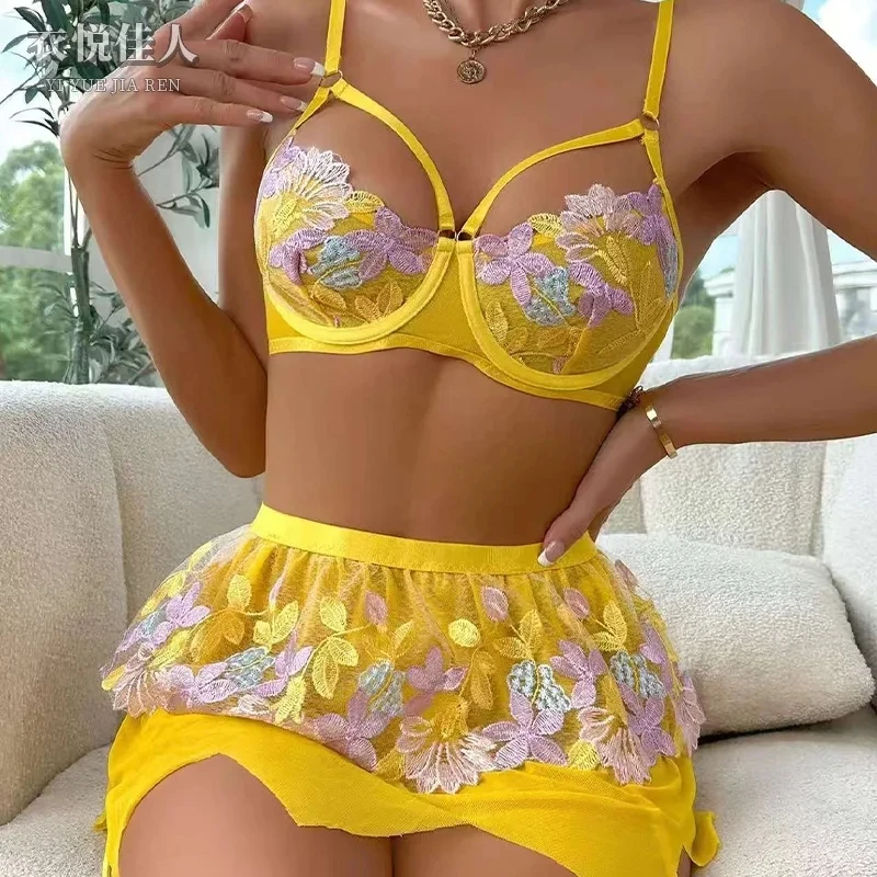 Bikini Sexy Flower Embroidery Underwear Swimsuit Bra Short Skirt Set