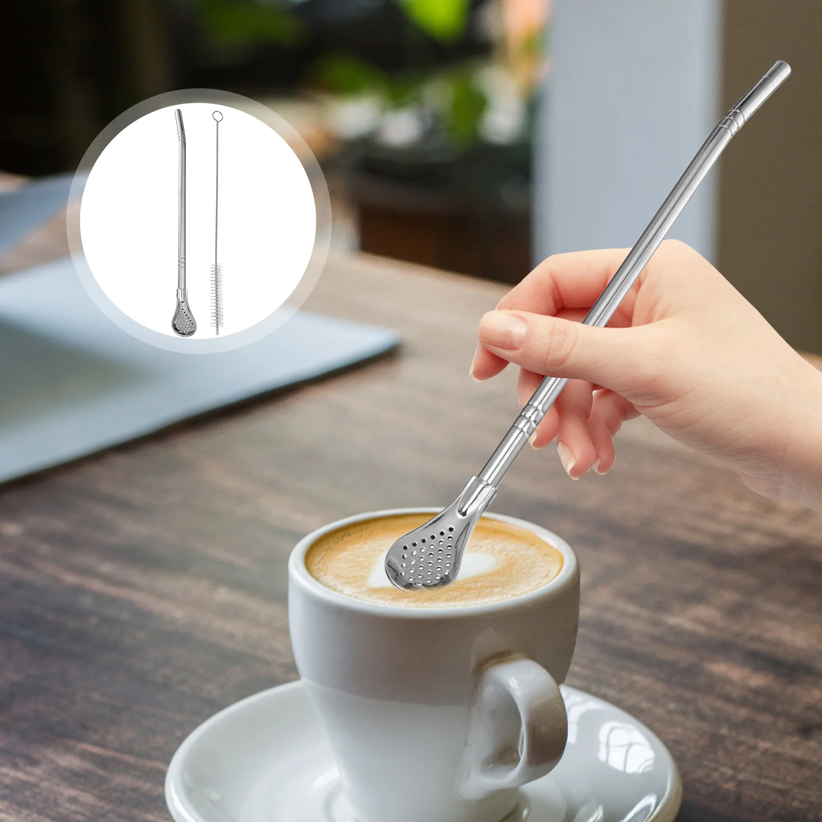 

1Set Stainless Steel Straw Spoon Multipurpose Stirring Spoon Straw for Loose Leaf Tea Coffee Dessert Reusable Cleaning Brush