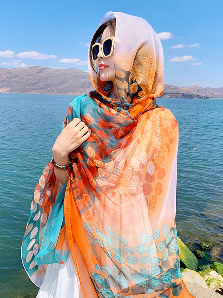 Summer Chiffon Hijab Elegant Women Silk Scarf Vintage Print Mujer Shawl Bandana Sarong Beach Wrap Scarve Pareo Bufanda Stoles