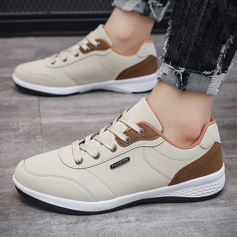 

New Casual Shoes for Men Fashion Leather Casual Shoes Comfortable Skateboarding Sneakers Mixed Colors Lace Up Walking Shoes