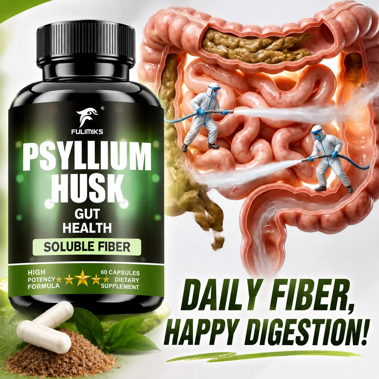 Natural Psyllium Husk Capsules, Support Heart, Blood Sugar, Circulation, Gut Health & Digestive Regularity, High Potency Formula